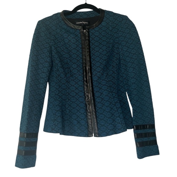 Nanette Lepore Secret Society Blue Jacquard Jacket Sz 0 NWT Leather Trim Flare - Picture 2 of 7